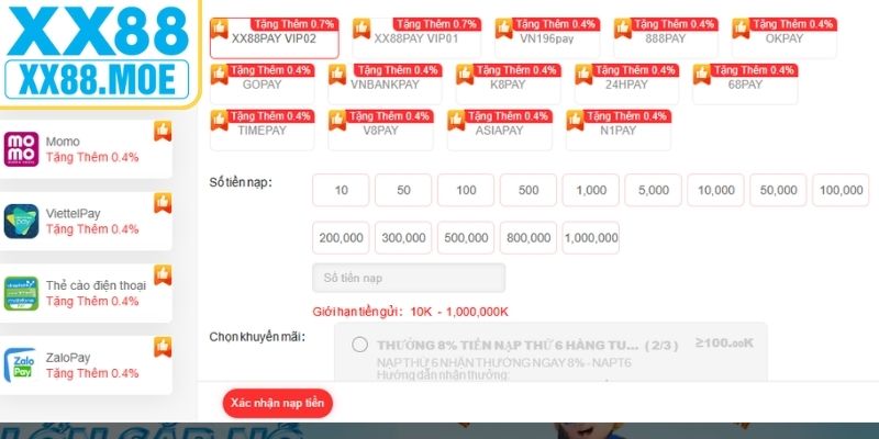 Điều kiện cần biết trước khi giao dịch nạp tiền XX88